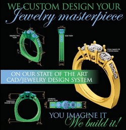 Designing with a CAD (computer-aided design) system opens a world of possibilities for our jewelry designers. Modeling, prototyping and completed original jewelry designs are more accurate then ever before. Designs can have very intricate details, initials or logos along with diamonds and gemstones. Production time is also shorter, once you approve the design we will complete your original design in as little as seven to ten working days. 